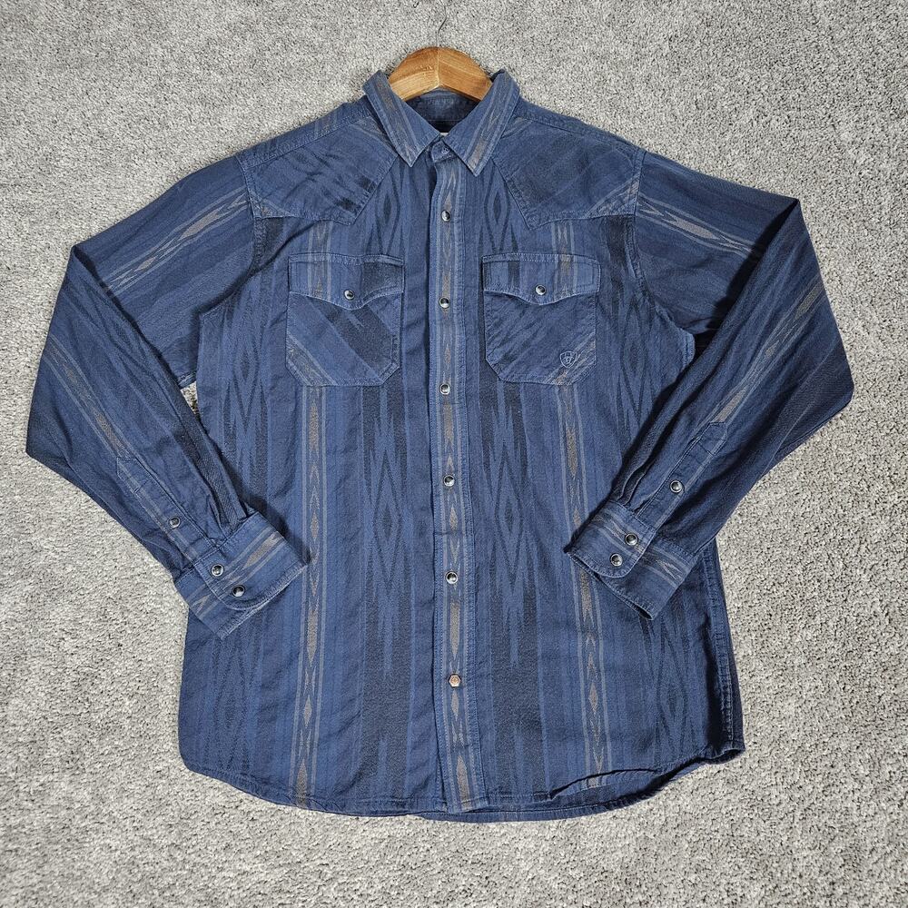 Ariat Shirt Men's Medium Hansen Navy Chambray Retro Fit Snap Western Cowboy